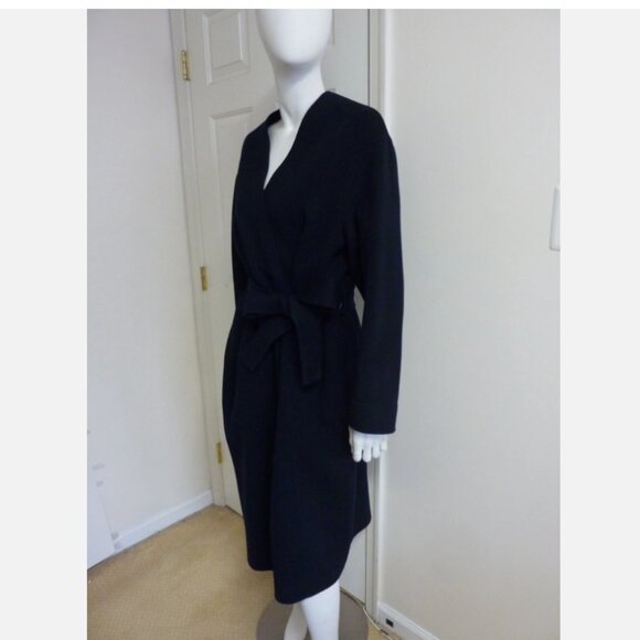 VINCE Wool-Cashmere-Blend Belted Collarless Coat in Navy Blue - Picture 4 of 7